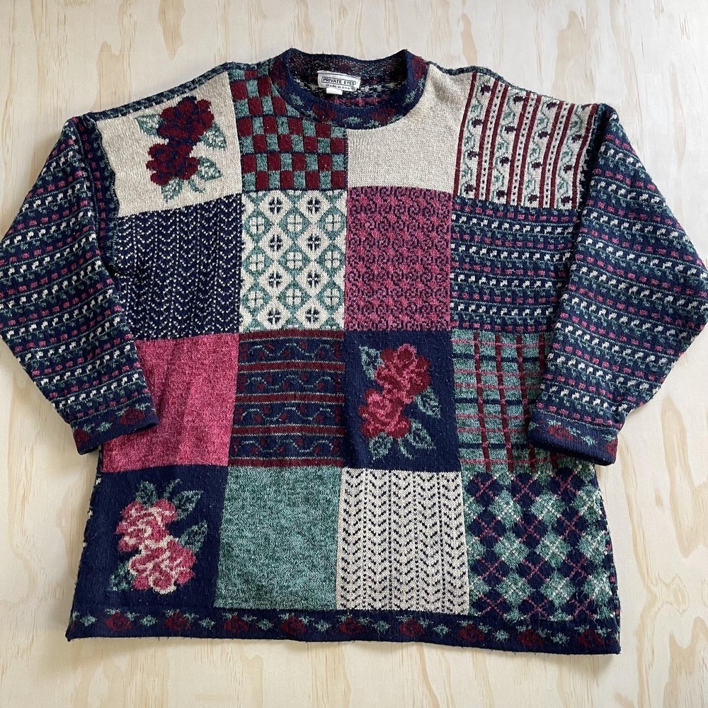 Vintage 90s Private Eyes Womens XL Multicolor Patchwork Floral Knit USA Sweater